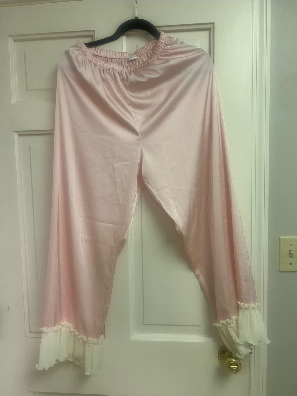 Soft Pink Satin Sleep Pants with Ruffle Hem